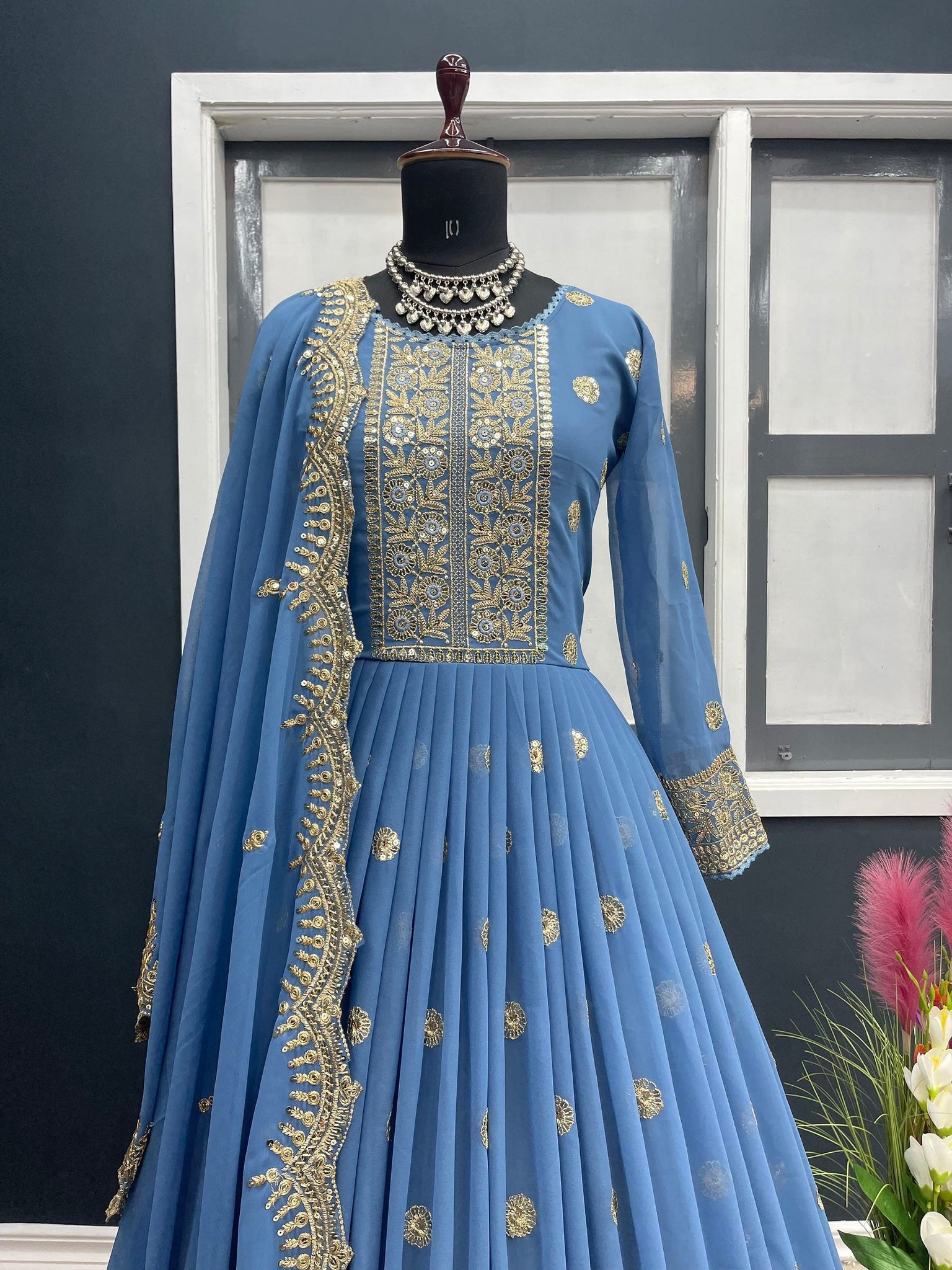 Wonderful Embroidered Work Ruffle Sky Blue Color Gown – Amrutamfab